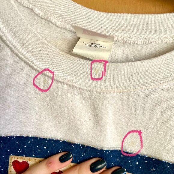 80s Hanes Her Way Wide Neck White Sweater DIY Snowman Graphic Sparkle Puff Paint - Picture 4 of 8